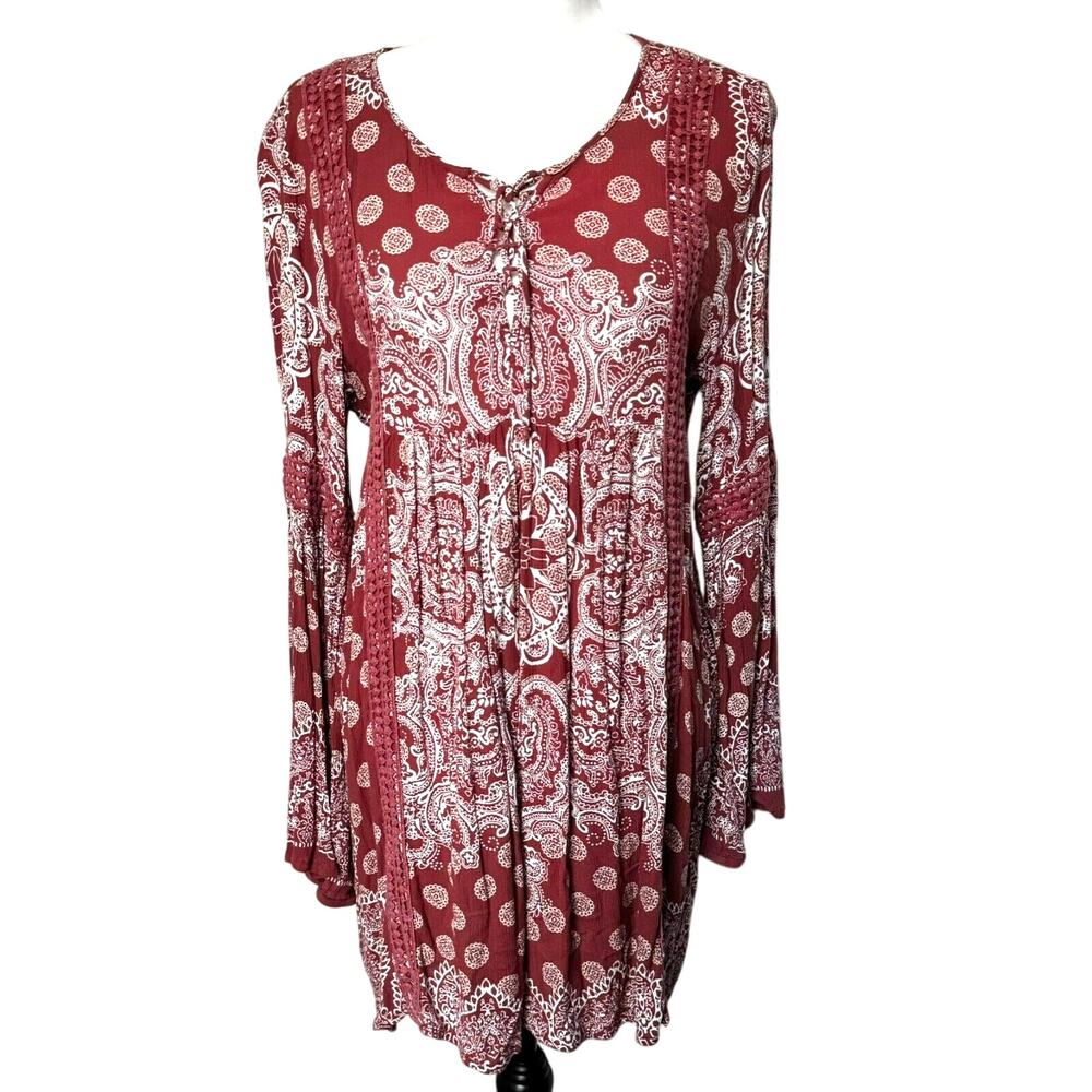 ALTAR'D STATE Large Rose Pink Paisley Crinkle Bell Sleeve Crochet Midi Dress